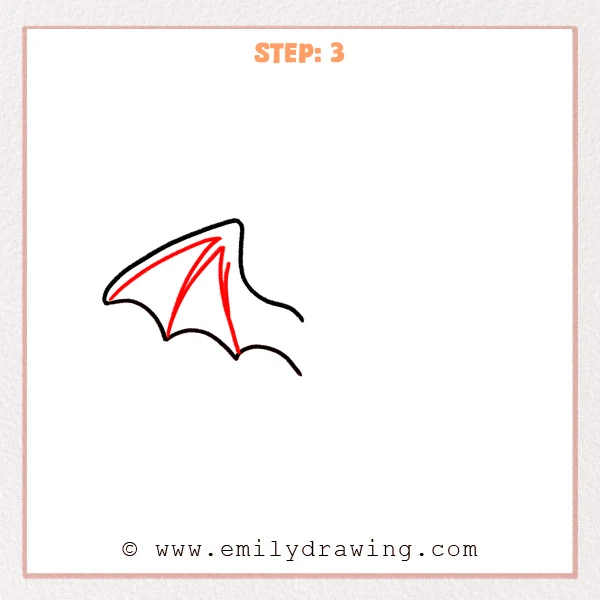 how to draw a dragon wings - Dragon wings sketch with the outer outline and scalloped lower edge, now including two inner wing bones and a short inner curve near the top edge.
